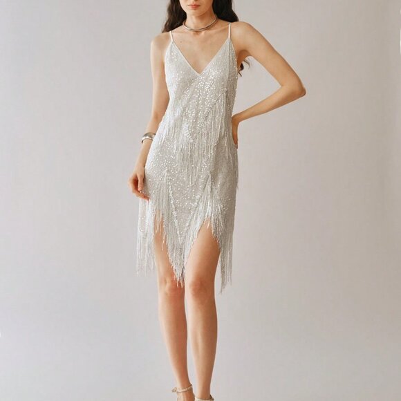 White Party Women's Spaghetti Strap Sequin V-Neck Tassel Slit Hem Dress - Picture 8 of 8